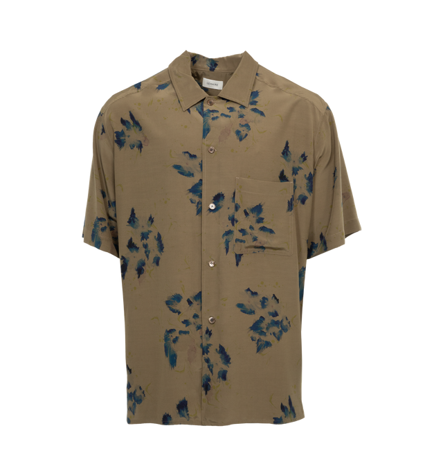 Image 1 of 3 - BROWN - LEMAIRE Summer Shirt featuring short sleeves, single patch pocket on the chest, loose fit, Col workwear, mother-of-pearl buttons, ventilated open back and side slits. Made in Hungary. 