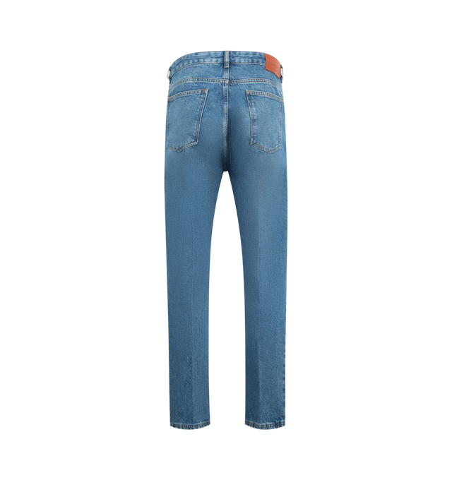 Image 2 of 3 - BLUE - STUDIO NICHOLSON Creased Cowboy Jean featuring button fly, classic five pockets, front and back pressed creases, rear leather logo patch and regular fit. 100% cotton.