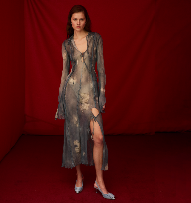 Image 3 of 3 - BLUE - ACNE STUDIOS Printed Sheer Midi Dress featuring long sleeves, leg slit, semi-sheer, relaxed fit from the hip down and non-stretchy fabric. 100% viscose. 