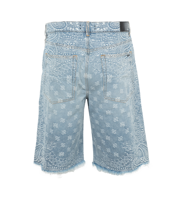 Image 2 of 4 - BLUE - AMIRI Bandana Jacquard Skater Short featuring button fly, 5-pocket design, light fading detail and tonal paisley embroidery throughout. 100% cotton. Made in USA. 