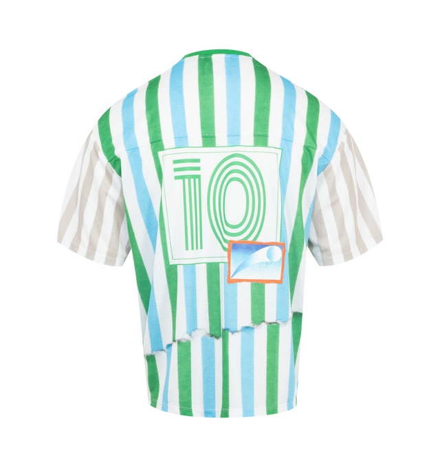 Image 2 of 2 - MULTI - LE PERE LPFC Mesh Tee featuring a collaboration with Antonio Carrau. The LPFC Mesh Top is a boxy soccer jersey incorporating Carrau's signature mixed-media printing techniques to create stripes that mimic tearing at the seams like paper. Cut from breathable mesh, it features bold striping, distressed appliqus, a layered mix of logos, the number 10 on the back, a sporting provenance at the bottom hem, and a back yoke. 100% cotton. Made in Portugal.
