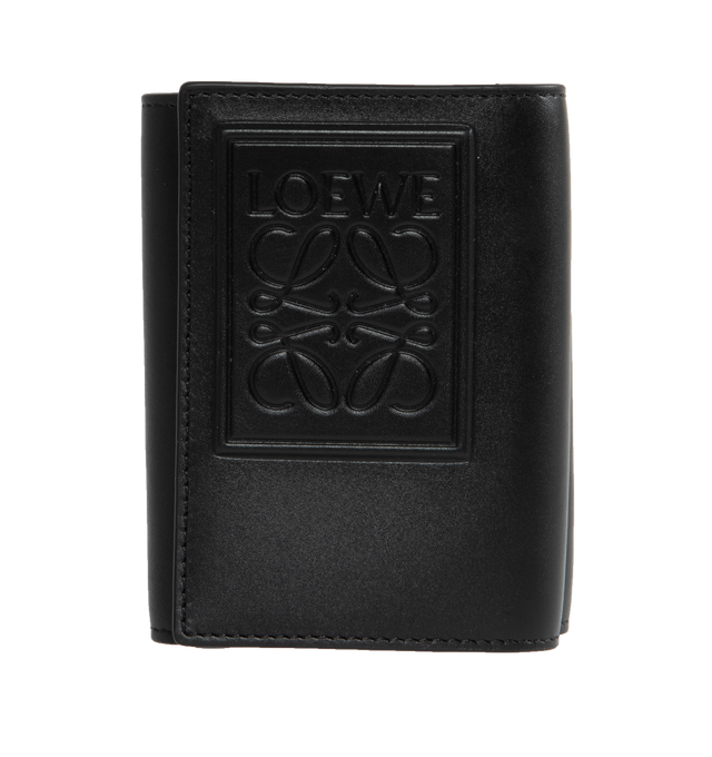 Image 1 of 4 - BLACK - LOEWE Trifold Wallet featuring debossed LOEWE Anagram patch, snap button closure, six card slots and large pocket for notes, coin compartment and calfskin lining. Satin Calf. 3.1 x 4 x 1.5 inches. Made in Spain. 