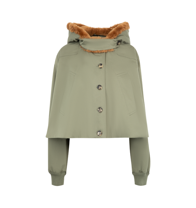 Image 1 of 4 - GREEN - LOEWE Short Parka featuring cropped fit, removable fur lined hood, button front closure, ribbed cuffs and loose fit.