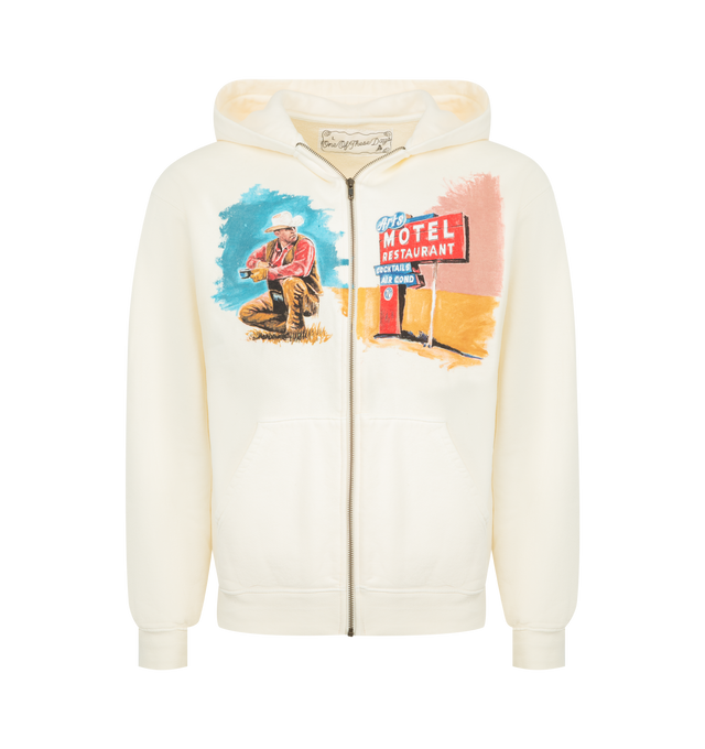 Image 1 of 2 - WHITE - ONE OF THESE DAYS Mornings First Remark Zip Up Hoodie featuring front zip closure, split kangaroo pocket and hoodie, front graphic and fleece lining. 100% cotton.