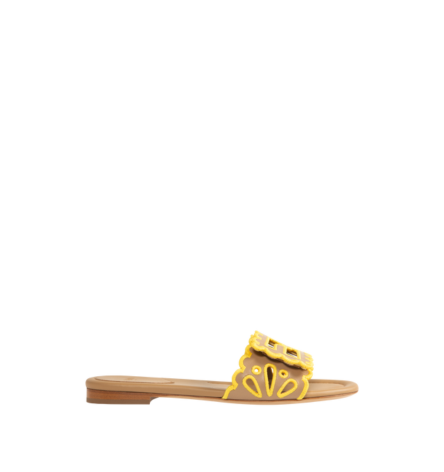 Image 1 of 4 - BROWN - FENDI Baguette Slide featuring wide-band, nappa leather embellished with openwork embroidery and scalloped edges, contrasting yellow yarn, tone on tone Baguette FF motif with scalloped edges and yellow yarn embroidery. 100% calfskin. Made in Italy.
