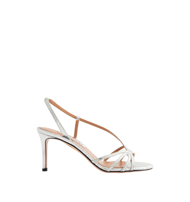 Image 1 of 4 - SILVER - AQUAZZURA Talk To Me Sandal 75 featuring slingback strap, stiletto heel, leather insole and signature logo detailing. Leather. 75 mm. Made in Italy.