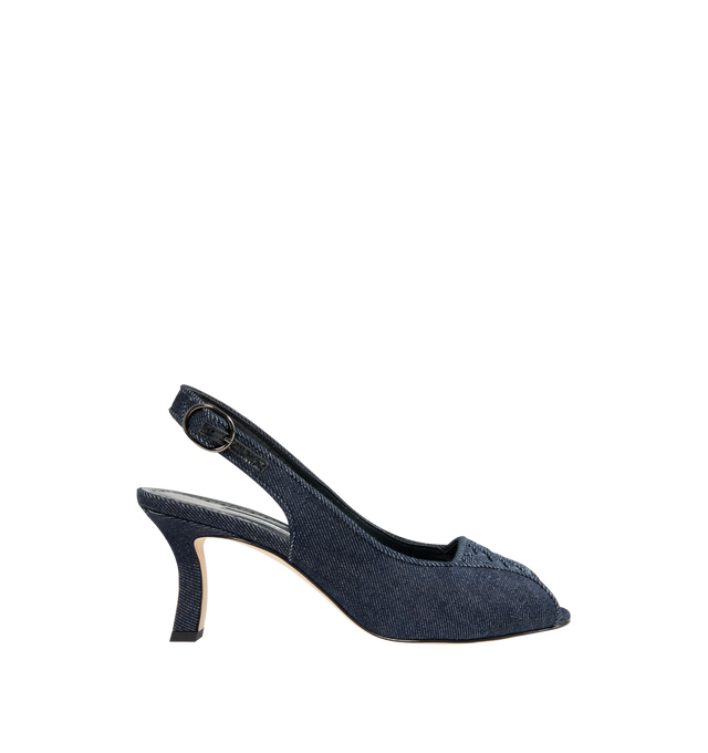 Image 1 of 4 - BLUE - MANOLO BLAHNIK Chambray Slingbacks featuring flared block high heel, slingback with buckle and peep toe. 100% cotton. Heel measures 70 mm. Made in Italy.