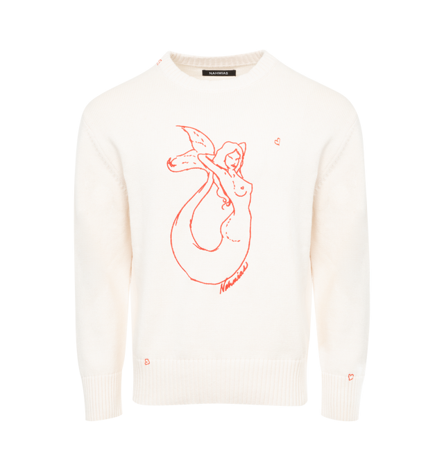 Image 1 of 2 - WHITE - NAHMIAS Mermaid Knit Crewneck featuring mermaid motif embroidered on front, crew neck, rib knit collar hem and cuffs. 95% cotton, 5% cashmere.  