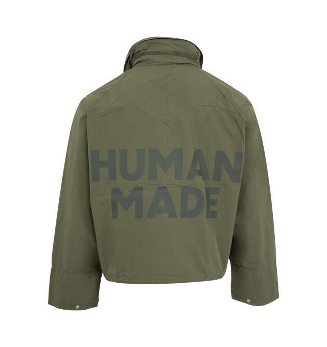 Image 2 of 4 - GREEN - HUMAN MADE Fishing Jacket featuring half-zip jacket with a hood stored in the collar, 3 flap pockets on front, logo on back, cropped fit has a drawstring at the hem and snap buttons on the cuffs. 60%cotton, 40% nylon.