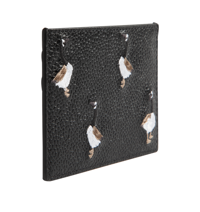 Image 3 of 5 - BLACK - THOM BROWNE Single Card Holder Goose featuring geese on one side, 2 card slots, 1 note compartment, tricolor stripe lining, gold foil logo and signature striped grosgrain loop tab 100% calf leather. Lining: 100% polyester. Made in Italy.