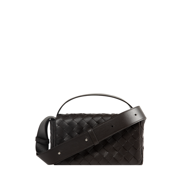 Image 1 of 3 - BLACK - BOTTEGA VENETA Intrecciato Mini Bag With Flap featuring intrecciato calfskin leather mini bag, adjustable and detachable top handle and cross-body strap, one main compartment, one flat inside pocket and flap closure. Calfskin. Lining: nappa. Made in Italy.