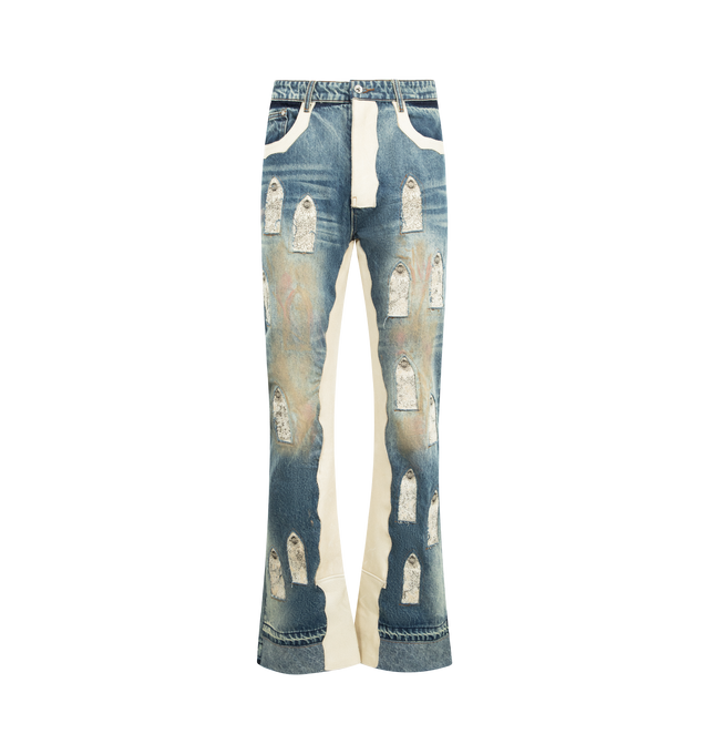 Image 1 of 3 - BLUE - WHO DECIDES WAR Howdy Denim featuring a slim straight fit, embellished with signature stained glass leather patches, patches embedded in the denim and accents follow on the inseam and pockets. 100% cotton.