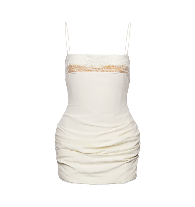 Image 1 of 2 - WHITE - MAGDA BUTRYM Mini Corset Dress with lace neckline featuring mini-length fitted dress crafted from lightly crinkled silk, thin shoulder straps, a straight neckline trimmed with delicate lace, a built-in corset that is subtly visible through the lace panel at the front, the hips are enhanced with internal padding, fastens at the back with a concealed zipper and a slit for ease of movement and tge inner hem is detailed with a silk placket edged in fine lace. 100% silk.