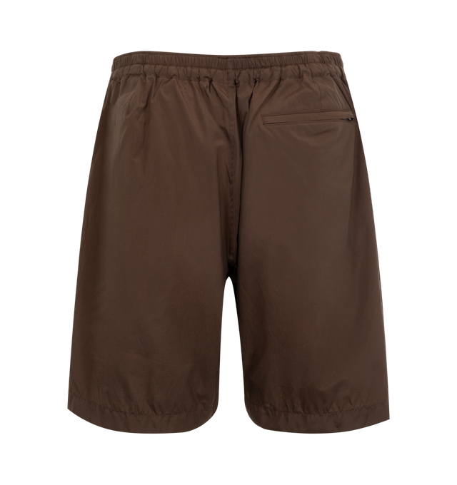 Image 2 of 3 - BROWN - Kaptain Sunshine Trainer Short Pants featuring a high-density, weather-resistant silk poly blend, lightweight with a subtle sheen, a water-repellent finish, side pockets, a back zip pocket, an elasticated waist, relaxed fit and wide legs. 55% silk, 45% polyester.