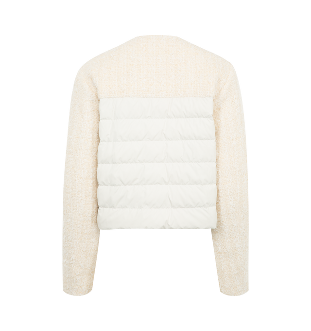 Image 2 of 2 - WHITE - Moncler Dauphin Mixed Media Cropped Jacket has a jewel neck with a snap front closure and front flap pockets. Lined. Made in Romania.