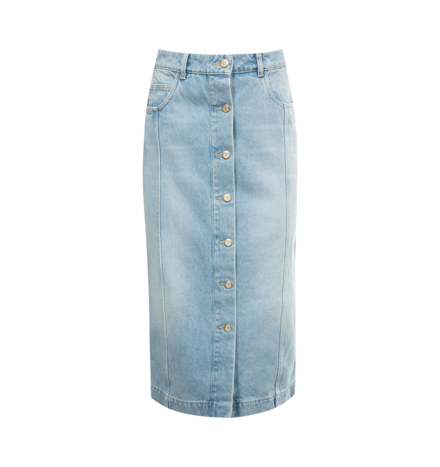 Image 1 of 3 - BLUE - MONCLER Denim Midi Skirt featuring bleached denim, button closure and side pockets. 100% cotton. 