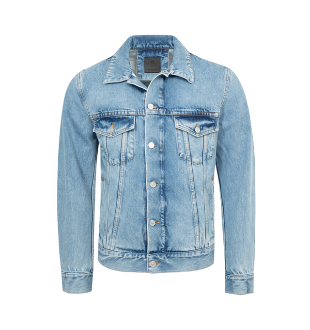 Image 1 of 2 - BLUE - GIVENCHY Denim Jacket featuring spread collar, button closure, patch and welt v pockets, single-button cuffs, adjustable button tabs at back hem and logo-engraved silver-tone hardware. 100% cotton. Made in Italy. 