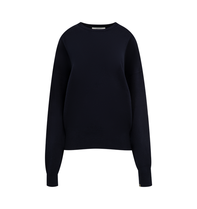 Image 1 of 2 - NAVY - EXTREME CASHMERE Tes Sweater featuring cashmere crew-neck sweater with a comfort fit, long sleeves, dropped shoulders and rib-knitted cuffs and hem. 88% cashmere, 10% nylon, 2% spandex.