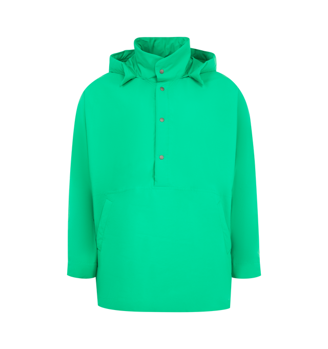 Image 1 of 2 - GREEN - ISSEY MIYAKE Padded RIm Shirt featuring cotton padding along the edges and detailed areas, hood that can be rolled up and stored in the collar area, draw cord at the hem, high neck, half button front opening and kangaroo pocket. 100% polyester. Made in Japan.