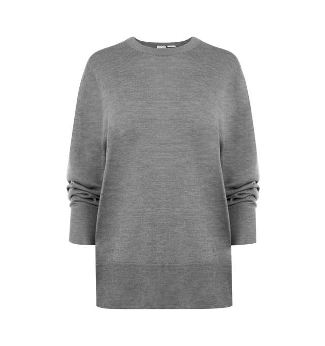 Image 1 of 2 - GREY - TOTEME Wool Silk Knit Sweater featuring crew neck, long sleeves, straight hem and ribbed collar, cuffs and hem. 75% wool, 25% silk.