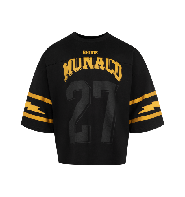 Image 1 of 2 - BLACK - RHUDE Monaco Football Jersey featuring crewneck, oversized sleeves, cropped fit, logo graphic and text printed at front and dropped shoulders. Made in United States.