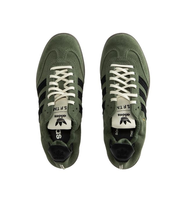 Image 5 of 5 - GREEN - Adidas Originals Men's Samba OG SFTM Shoes are crafted from premium leather and feature a classic low-profile silhouette with lace-up fastening and signature Samba styling. Designed with a smooth textile and synthetic lining for comfort and a durable rubber outsole for everyday traction, this versatile sneaker blends timeless sport heritage with contemporary appeal. Main Material: Leather Upper. Lining: Textile and Synthetic Materials. Outsole: Rubber.