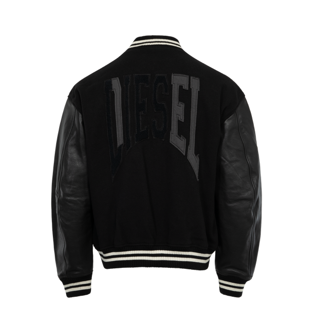 Image 2 of 2 - BLACK - DIESEL L-Franz-Patch Jacket featuring wool body with tanned calfskin sleeves, edged with striped ribbed trims, tonal varsity logo patches on the chest and back, regular fit, snap button closure, ribbed bomber collar, cuffs and hem. 83% wool, 17% polyamide/nylon. 76% acrylic, 21% wool, 3% elastane/spandex. Sleeves: 100% cowhide leather. 