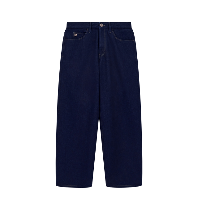 Image 1 of 1 - BLUE - Giorgio Armani Men's Wide Leg Denim Pants are crafted from a premium cotton and virgin wool blend, offering a soft feel, structured drape, and refined comfort. Designed with a wide-leg silhouette, these pants combine contemporary style with Giorgio Armani's signature sophistication. Fabric: 63% Cotton, 37% Virgin Wool. Leather Label: 100% Sheep Leather.
