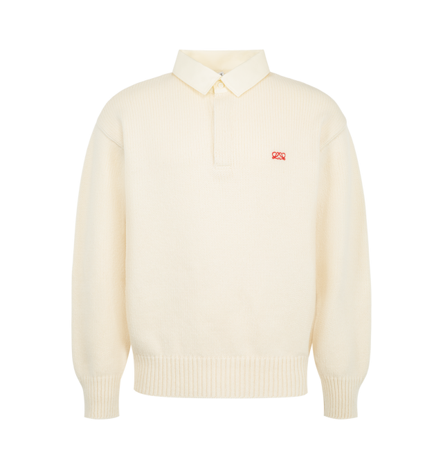 Image 1 of 2 - CREAM - Loewe men's wool sweater crafted from medium-weight wool in a jersey stitch knit. The design features a poplin buttoned polo collar, a regular fit and length, ribbed cuffs and hem, and the signature Double L embroidery at the chest for a refined finish. Material: 100% wool. Made in Italy.