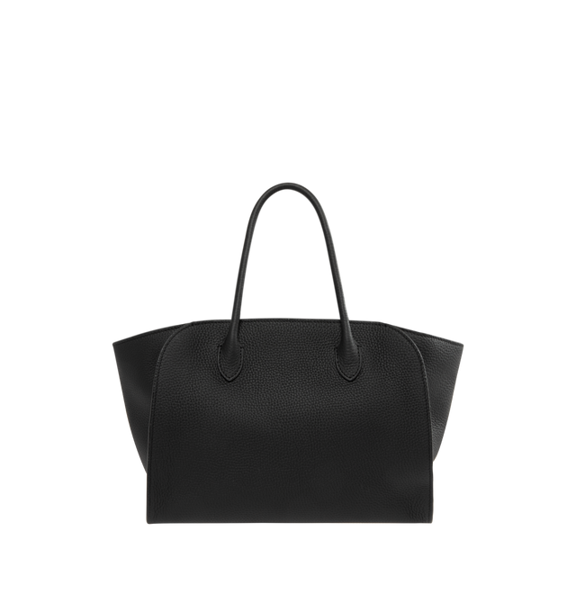 Image 1 of 3 - BLACK - THE ROW Marlo 12 Bag in Leather featuring a softly structured tote bag in polished saddle leather with tubular handles, gusseted side panels, and top zipper closure. 12 x 5 x 8.5 in. 100% calfskin leather. Lined in 100% cotton. Made in France.