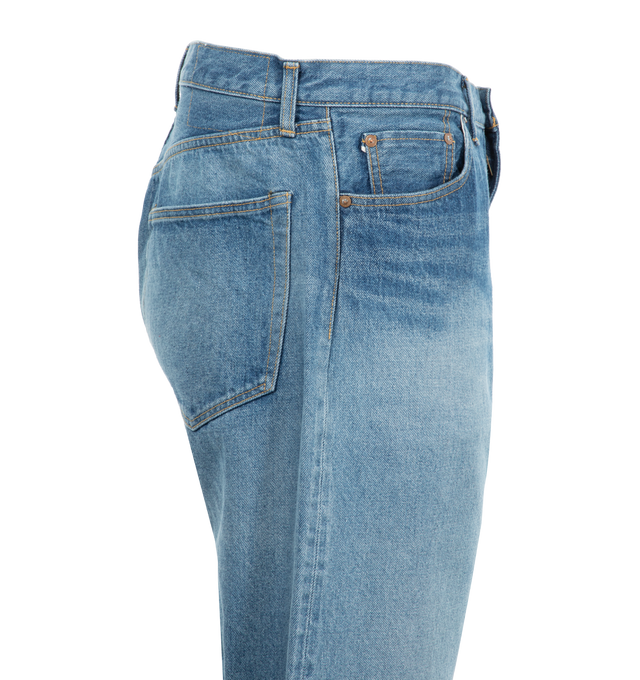 Image 3 of 3 - BLUE - Kaptain Sunshine Zipper Closure Jeans are a 5-pocket style with a worn finish and tapered legs. Made in Japan.