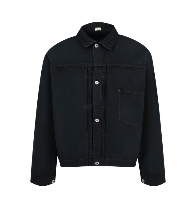 Image 1 of 2 - BLUE - A.Presse Men's 1st Type Denim Jacket is crafted from 13 oz indigo denim and inspired by the iconic S213 Type 1 denim jacket. Finished with original tack buttons, the jacket undergoes multiple hand-applied processes to recreate the appearance of aged vintage black denim, resulting in unique variations in texture, color, and distressing. Main Material: 100% Cotton. Fabric: 13 oz Red-Selvedge Indigo Denim. Hardware: Original Tack Buttons.