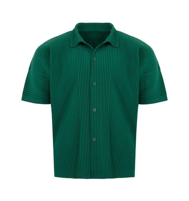 Image 1 of 2 - GREEN - ISSEY MIYAKE Polo featuring polo collar, short sleeves and pleats throughout. 100% polyester.