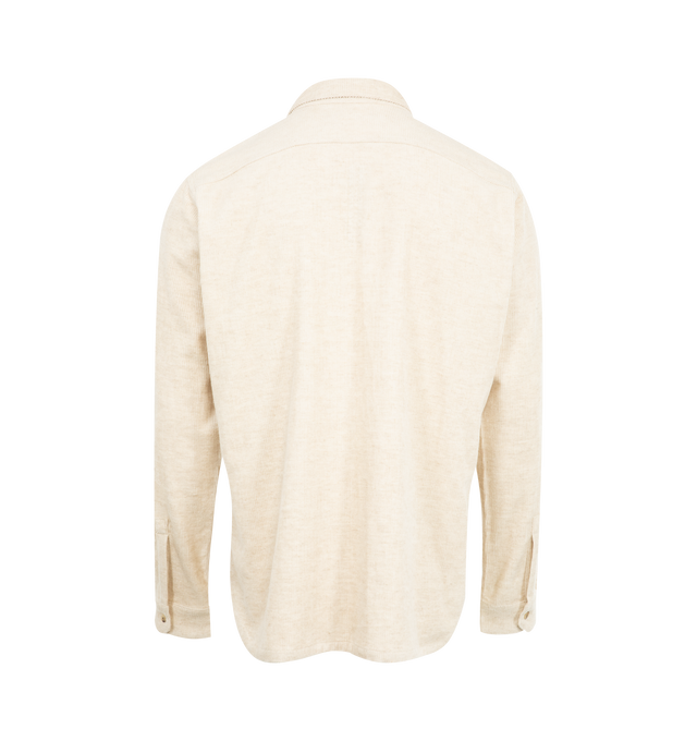 Image 2 of 2 - WHITE - RICK OWENS Work Shirt featuring classic collar, long sleeves, front button closure, buttoned cuffs, level shoulder seams, two chest patch pockets and back yoke. 74% cotton, 26% linen.