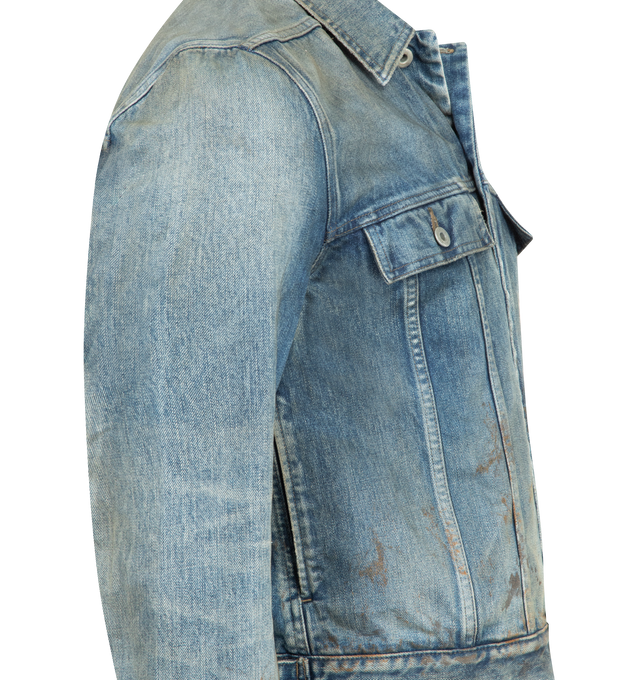 Image 3 of 3 - BLUE - DRKSHDW Trucker Denim Jacket featuring fading, staining, whiskering throughout, spread collar, button closure, button flap pockets at chest, seam pockets at waist, adjustable button vent at cuffs and button tabs at back hem. 100% cotton. Made in Japan.