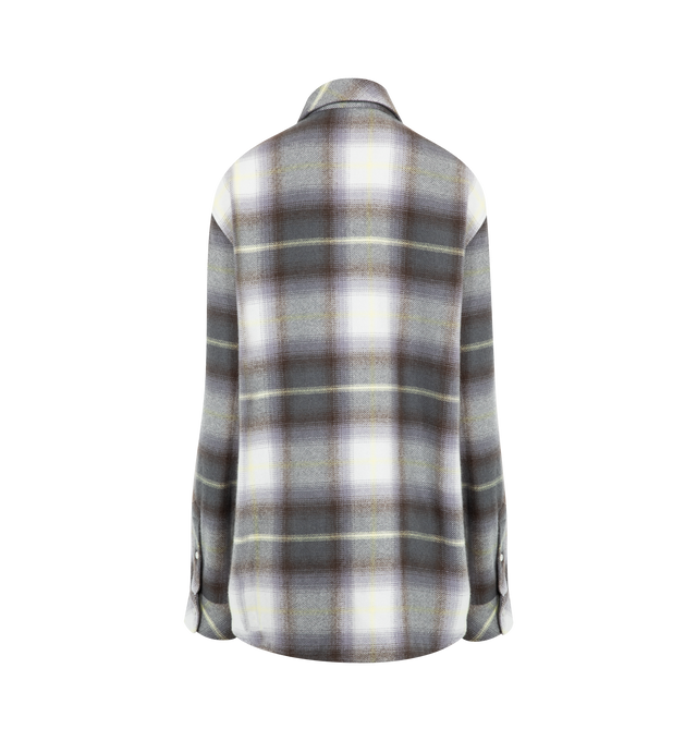Image 2 of 2 - GREY - GOD'S TRUE CASHMERE Shadow Plaid Cashmere Shirt featuring 11 hand-carved, gemstone snaps, Moonstone, plaid throughout, long sleeves, classic collar and two front flap pockets on chest. 100% cashmere. Made in Italy.