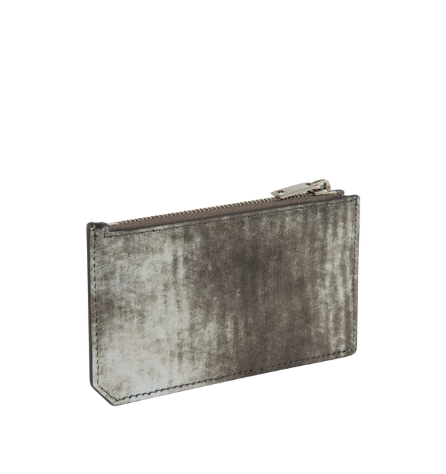 Image 2 of 3 - GREY - SAINT LAURENT Fragments Zip Card Case featuring zip case, front card slots, gusseted side, embossed signature, five card slots, one zip coin purse and leather lining. 5.1 X 3 X 0.4 inches. 95% calfskin leather, 5% metal. 