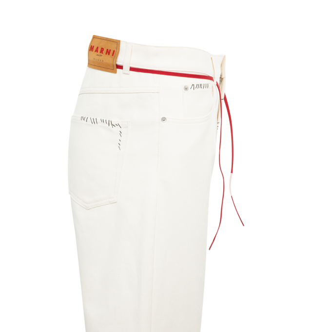 Image 3 of 3 - WHITE - MARNI Tie-Waist Straight-Leg Trousers featuring five-pocket style, raw-edge hem, zip fly, button-front closure and leather logo label on the back. 100% cotton. Made in Italy. 
