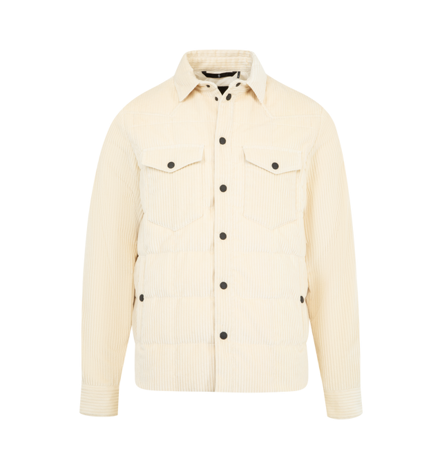 Image 1 of 3 - WHITE - MONCLER GRENOBLE Gelt Corduroy Down Shirt Jacket featuring stretch corduroy, micro ripstop lining, down-filled, snap button closure, pockets with snap button closure and adjustable cuffs. 98% cotton, 2% elastane/spandex. Lining: 100% polyester. Padding: 90% down, 10% feather. Made in Romania.