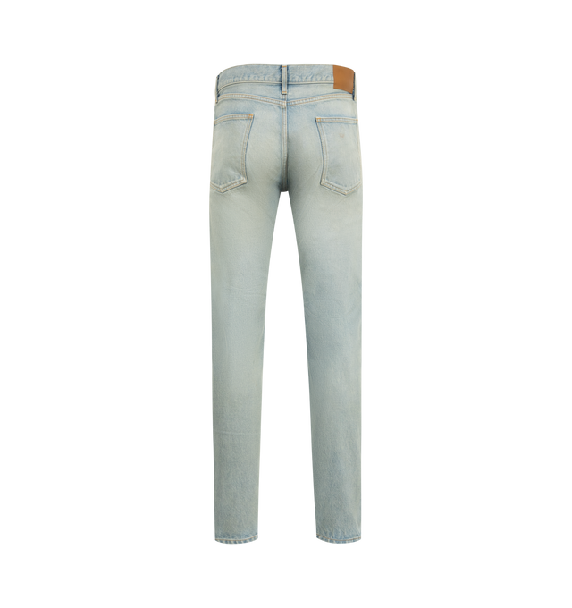 Image 2 of 3 - BLUE - SEEKINGS Slim Jeans featuring vintage wash with light abrasions throughout, 5 pocket styling, button fly, high rise, slim leg, leather patch on back of waistband and logo engraved hardware. 100% cotton. Made in Japan.