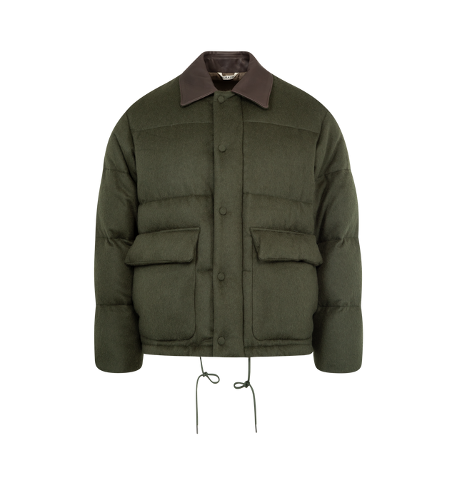 Image 1 of 4 - GREEN - AURALEE Baby Camel Flannel Down Blouson featuring concealed zipper closure with snap buttons, contrast collar, flap pockets on front with snap button closure, adjustable hem with drawstring and relaxed fit. 100% baby camel flannel.