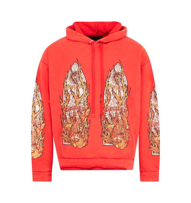Image 1 of 2 - RED - WHO DECIDES WAR Flame Glass Hooded Pullover featuring faded screen printed flame glass motifs throughout and a boxy, slightly cropped fit. 100% cotton.