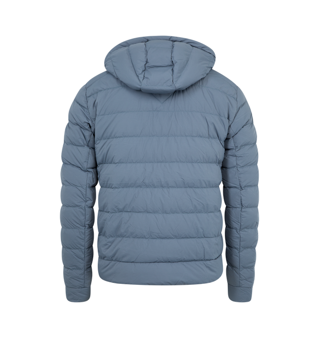 Image 2 of 3 - BLUE - CANADA GOOSE Crofton Hoodie EnduraLuxe Jacket featuring two-way zipper, packable into interior left pocket, converts into a cinchable bag with a carrying strap, adjustable hood with hidden drawcord, removable interior backpack straps for hands-free carrying capabilities, interior drawcord at hem, wo exterior tricot-lined zippered hand pockets and one interior drop-in pocket. 100% recycled polyamide. Made in Canada.