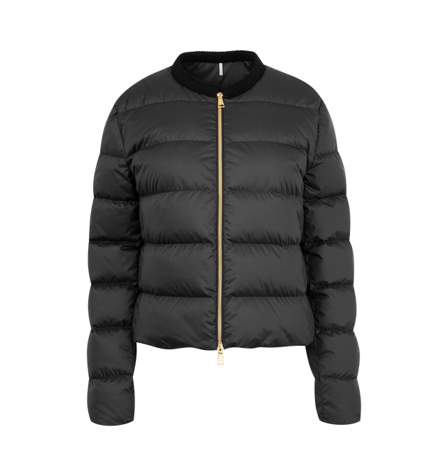 Image 1 of 3 - BLACK - MONCLER Mauvezin Down Puffer Jacket featuring quilted puffer jacket, heavy knit collar, gold-tone hardware, round neckline, long sleeves, tonal leather logo patch at left sleeve, side zip pockets, classic fit, hem sits at the hip, two-way zip-front. 100% polyester. Padding: 90% down, 10% feather.