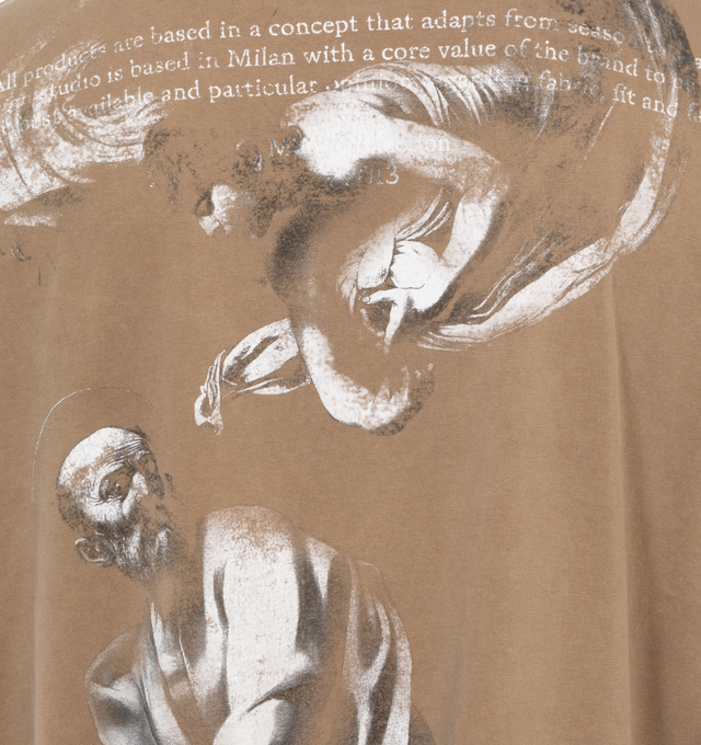 Image 4 of 4 - BROWN - OFF-WHITE S.Matthew Over Tee featuring crew neck, short sleeves, oversized fit and graffiti-inspired stencil logo and patinated graphic on the reverse. 100% cotton. 