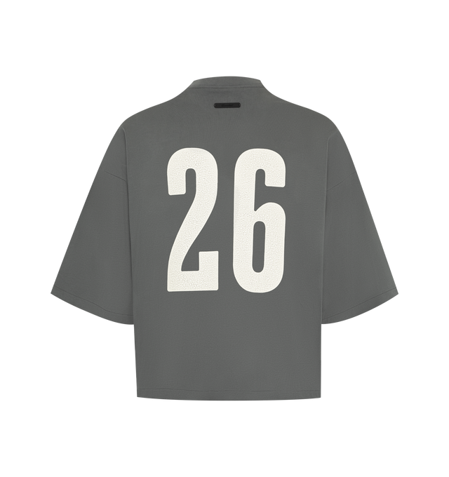 Image 2 of 2 - GREY - The Fear Of God Men's Merch Tee is crafted from a lightweight jersey and designed in a relaxed fit with dropped shoulders and 3/4-length sleeves. Details include a rib-knit collar and graphic logo at the center front.