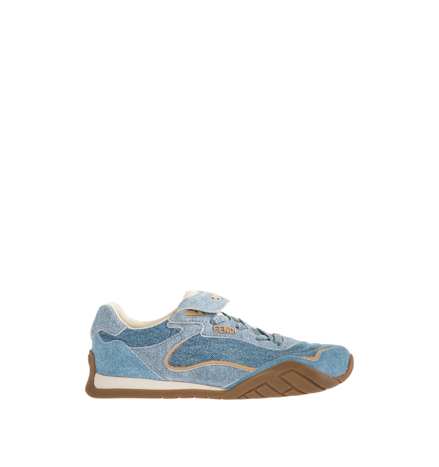 Image 1 of 5 - BLUE - FENDI Wave Pulse Sneaker featuring low-top, lace-up, suede and denim with and tone-on-tone suede-effect printed details, inserts and folded tongue made of the same material, mlange tubular laces, three-dimensional rubber logo on the side, gold-colored metal Fendi logo on the tongue, rubber running sole with wraparound edge on the side and diagonal F motif. 100% calfskin. Inside: 100% lambskin. Made in Italy.