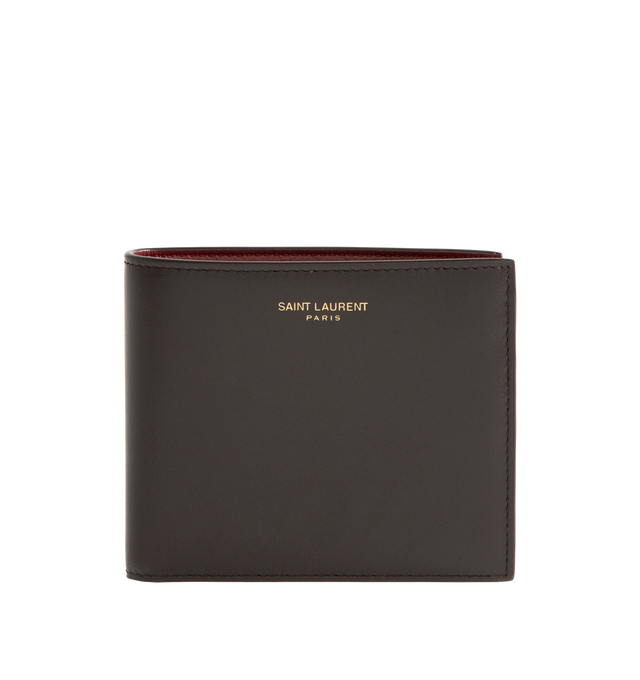 Image 1 of 3 - BROWN - Saint Laurent Men's Soho Calfskin Bi-Fold Wallet is crafted from premium calfskin and features an embossed Saint Laurent Paris signature, a contrasting interior, bronze-tone hardware, eight card slots, two bill compartments, and two receipt compartments. This designer leather wallet combines timeless craftsmanship with everyday functionality. Main Material: Calfskin. Dimensions: 11 x 9.5 x 2.5 cm. Made in Italy.