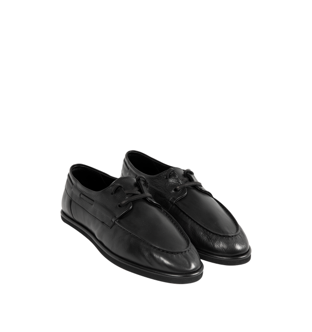 Image 2 of 4 - BLACK - AURALEE Soft Leather Deck Shoes featuring open lacing, round toe and woven boat shoe details. Calf leather. Made in Japan.