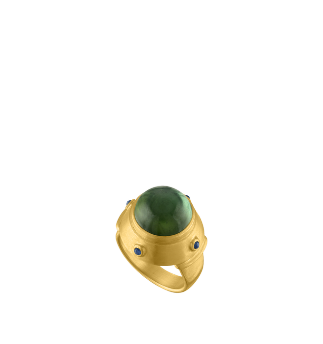 Image 2 of 3 - GREEN - Prounis Green Tourmaline and Blue Sapphire Yia Yia Ring is handcrafted from 22K yellow gold and features a green tourmaline accented with four blue sapphires in a design honoring the family matriarch. Band Width: 19 mm tapering to 4 mm. Handmade in New York. For personal consultation and detailed information about jewelry, please contact our dedicated stylist team at personalshopping@hirshleifers.com.This item may be restricted for online purchase to international clients. For assista